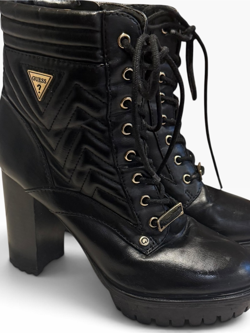 GUESS Manners Black Quilted Platform Ankle Boots - Lace Up & Side Zip Sz6